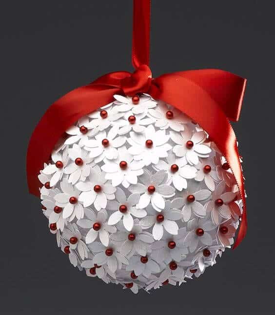 37 DIY Christmas Ornament Ideas For You Unique Decor 12 Spherical DIY Christmas ornament, 10 inches, foam base with white flower petals and red beads, topped with a glossy red satin ribbon bow.