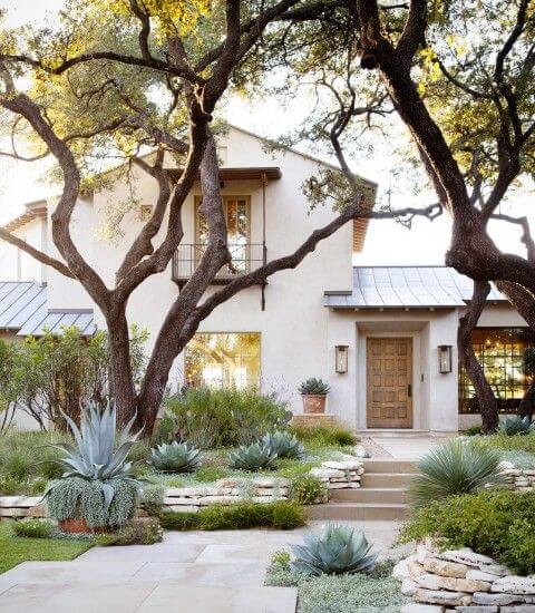 Diverse low-maintenance plants surround a stone pathway leading to a wooden door, enhancing the rustic charm of a small front garden.