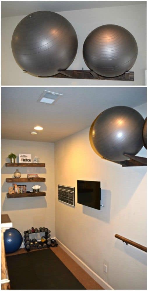 36 Home Gym Ideas - Layouts For Your Perfect Workout Spot 16 Home gym featuring innovative storage for exercise equipment, neutral tones, wooden shelving, and durable flooring, maximizing functionality.