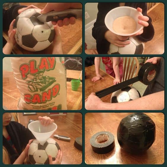 36 Home Gym Ideas - Layouts For Your Perfect Workout Spot 28 Creative play sand activity with a soccer ball shape, featuring tools like scissors and tape on a wooden table, ideal for children's projects.