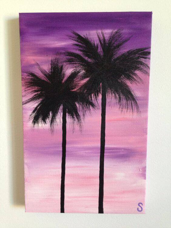 Two palm trees against a gradient purple and pink background on a 12x16 inch canvas. Abstract acrylic style evokes a tropical ambiance.