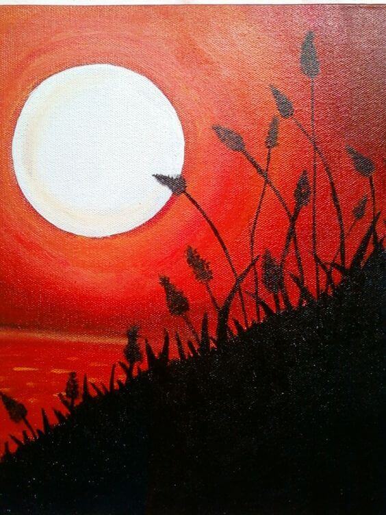 Sunset painting features a large white sun against a fiery red and orange sky, with dark silhouettes of grass in the foreground.