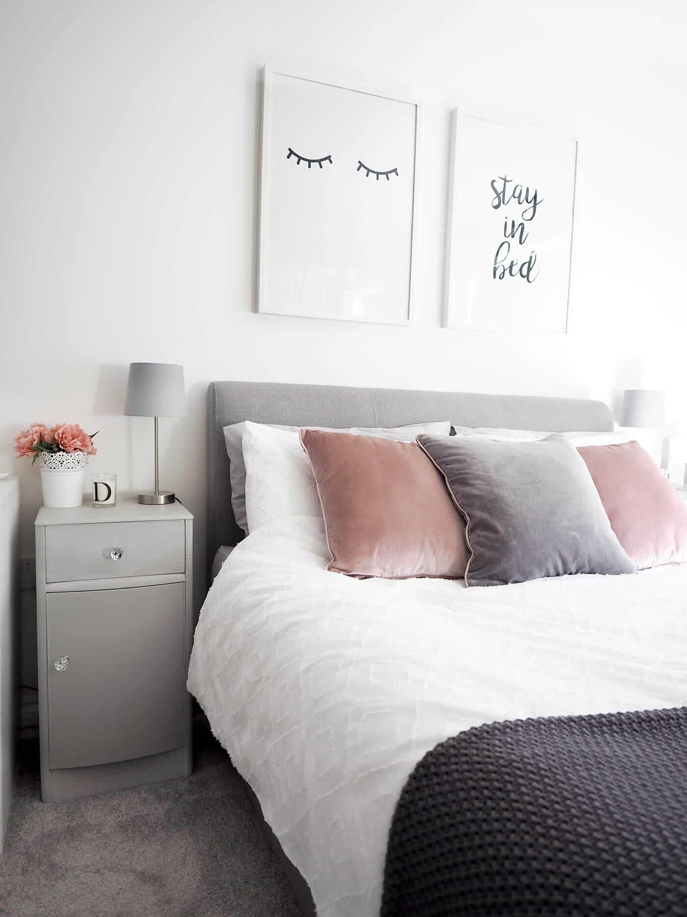 Playing with light and dark grey on your walls, furniture, and décor, you may be able to create a nice pulled-together ambiance to your room. For more bedroom ideas go to betterthathome.com