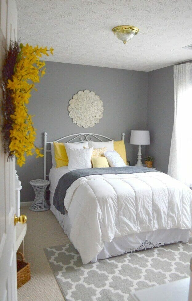Playing with light and dark grey on your walls, furniture, and décor, you may be able to create a nice pulled-together ambiance to your room. For more bedroom ideas go to betterthathome.com