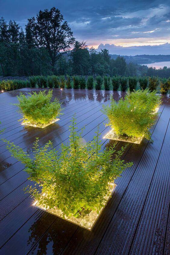 Lush greenery in square planters enhances a dark wooden deck, illuminated by soft lighting against a scenic backdrop, perfect for outdoor living.