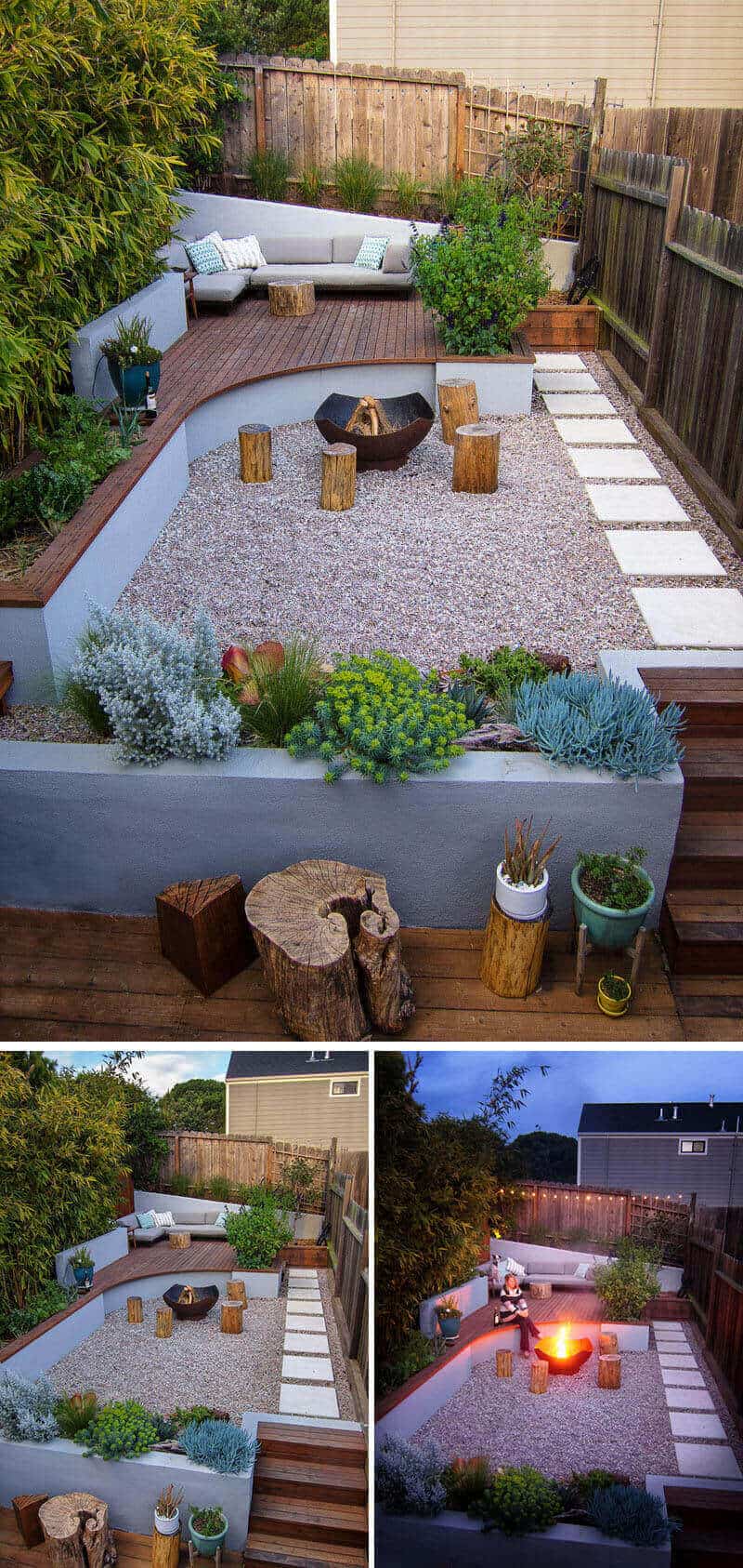 Curved modern backyard deck with a central fire pit, surrounded by wood stumps and gravel, features a cozy L-shaped sofa and drought-resistant plants.