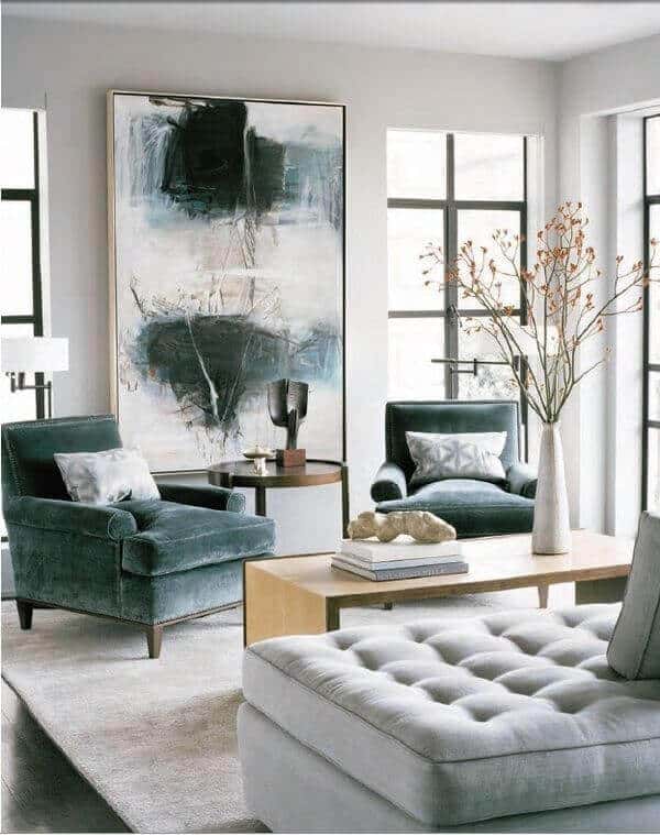 27 Contemporary Living Room Ideas for a Modern Haven Space 22 Modern living room features an open layout with large windows, muted tones, teal accent chairs, and a grey tufted sofa, enhancing comfort and style.