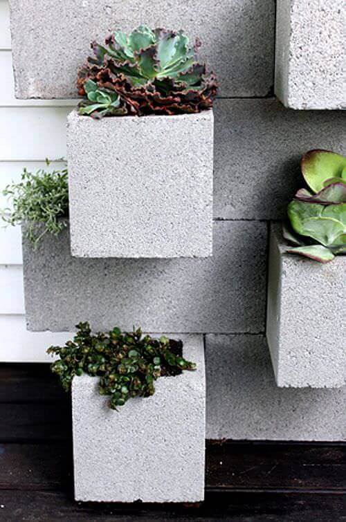 Succulent planter wall made of grey concrete blocks, ideal for outdoor settings. Each block is 12 inches square, designed for sunlight and drainage.