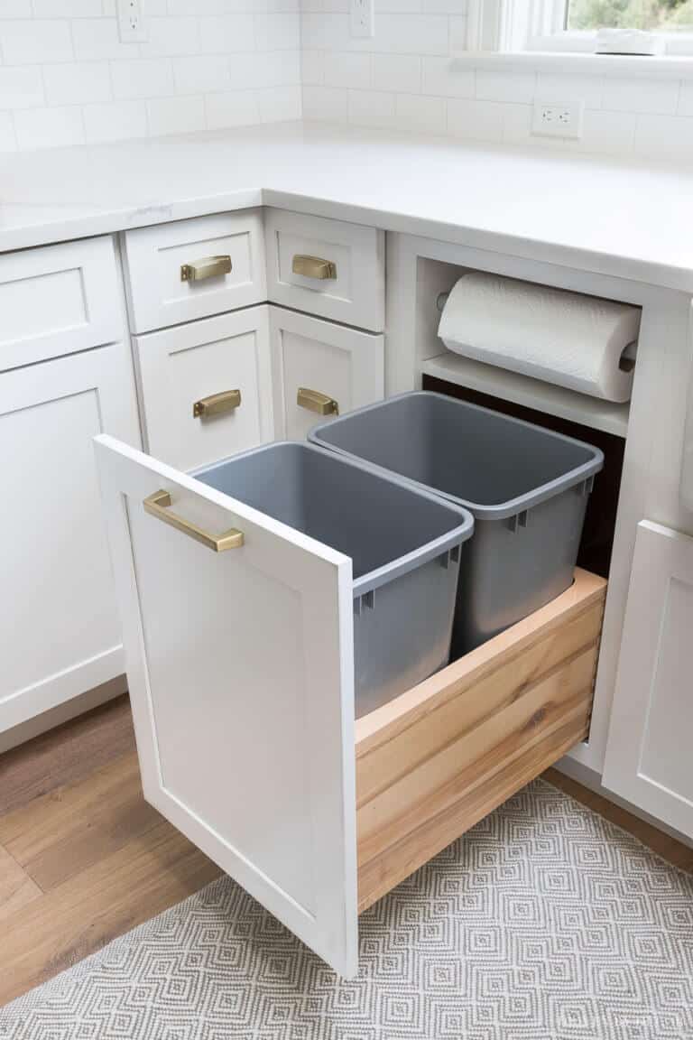 Sleek pull-out cabinet with dual gray bins for waste and recyclables, featuring white cabinetry, brass hardware, and a light wood base.