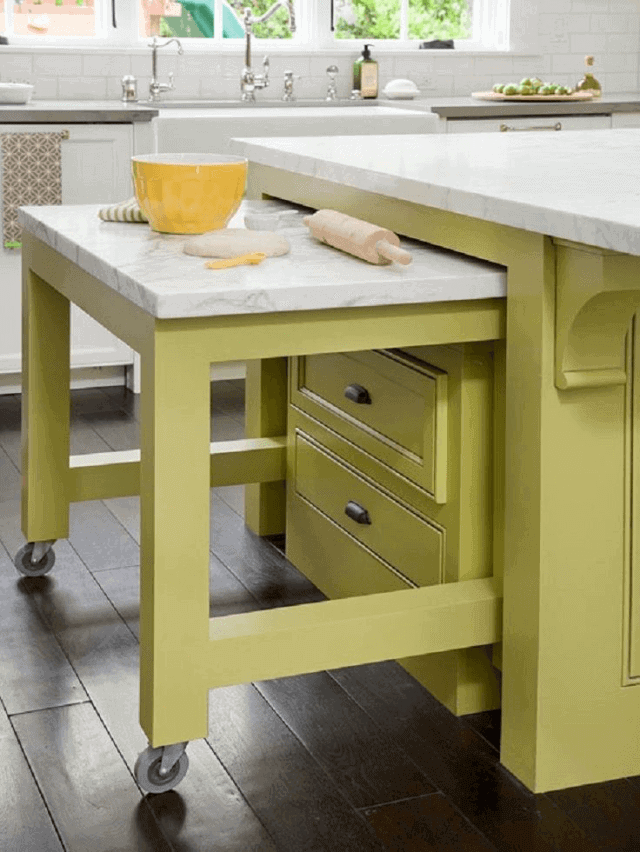 Rolling kitchen island in bright yellow finish with marble countertop and two storage drawers, enhancing kitchen organization and functionality.