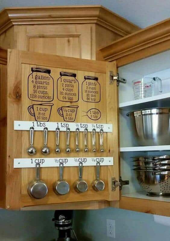 Wooden cabinet door with measuring conversions, cups, and spoons; utilizes vertical space for efficient kitchen organization in a compact layout.
