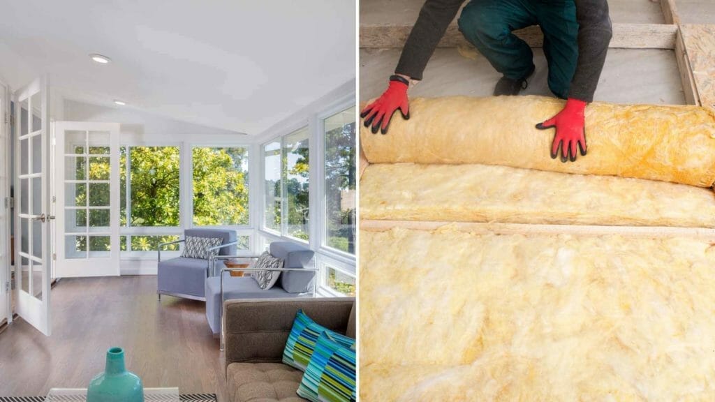 How to insulate a sunroom? (Explained) 2 How to insulate a sunroom? Photo of a finished sunroom and a person laying down rock wool insulation on a sunroom floor.