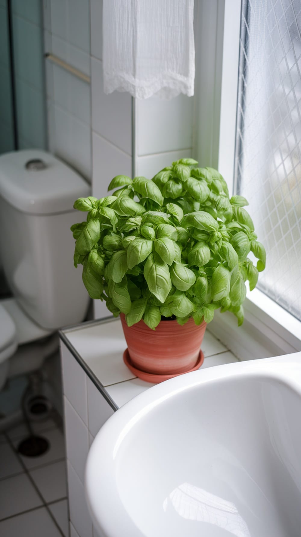 19 Stunning Plants Perfect for Your Bathroom Decor 14 A vibrant pot of basil placed on a bathroom countertop next to a sink, showcasing its bright green leaves.
