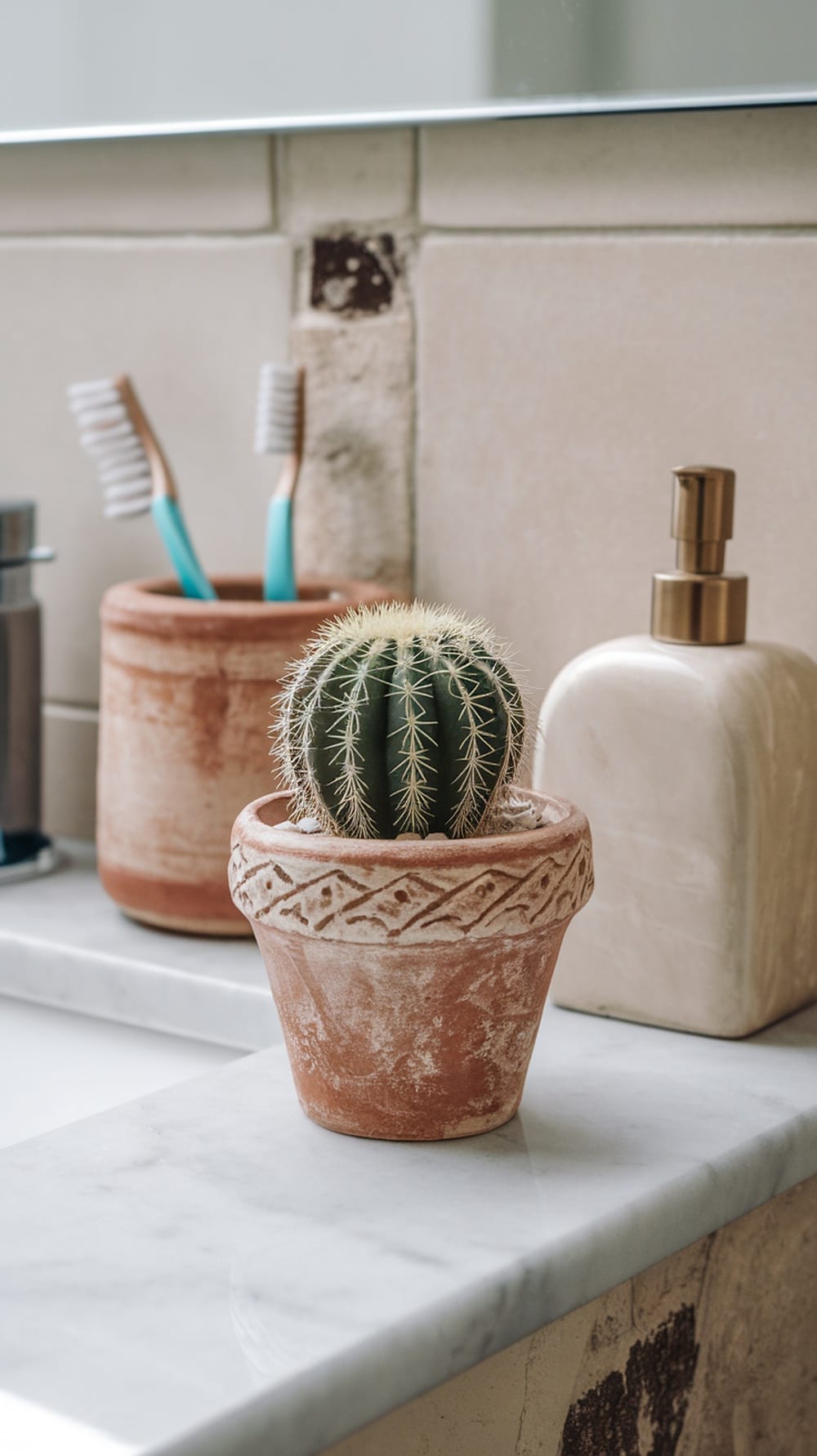 19 Stunning Plants Perfect for Your Bathroom Decor 19 A small cactus in a terracotta pot on a bathroom countertop with toothbrushes and a soap dispenser in the background.