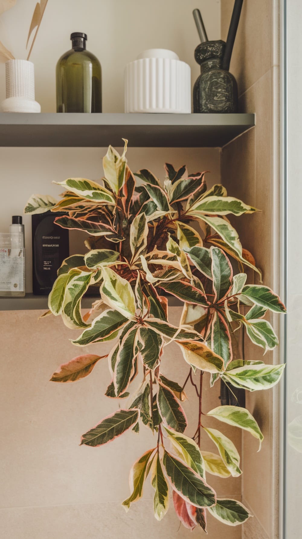 19 Stunning Plants Perfect for Your Bathroom Decor 13 A vibrant Chinese Evergreen plant with colorful leaves displayed on a shelf