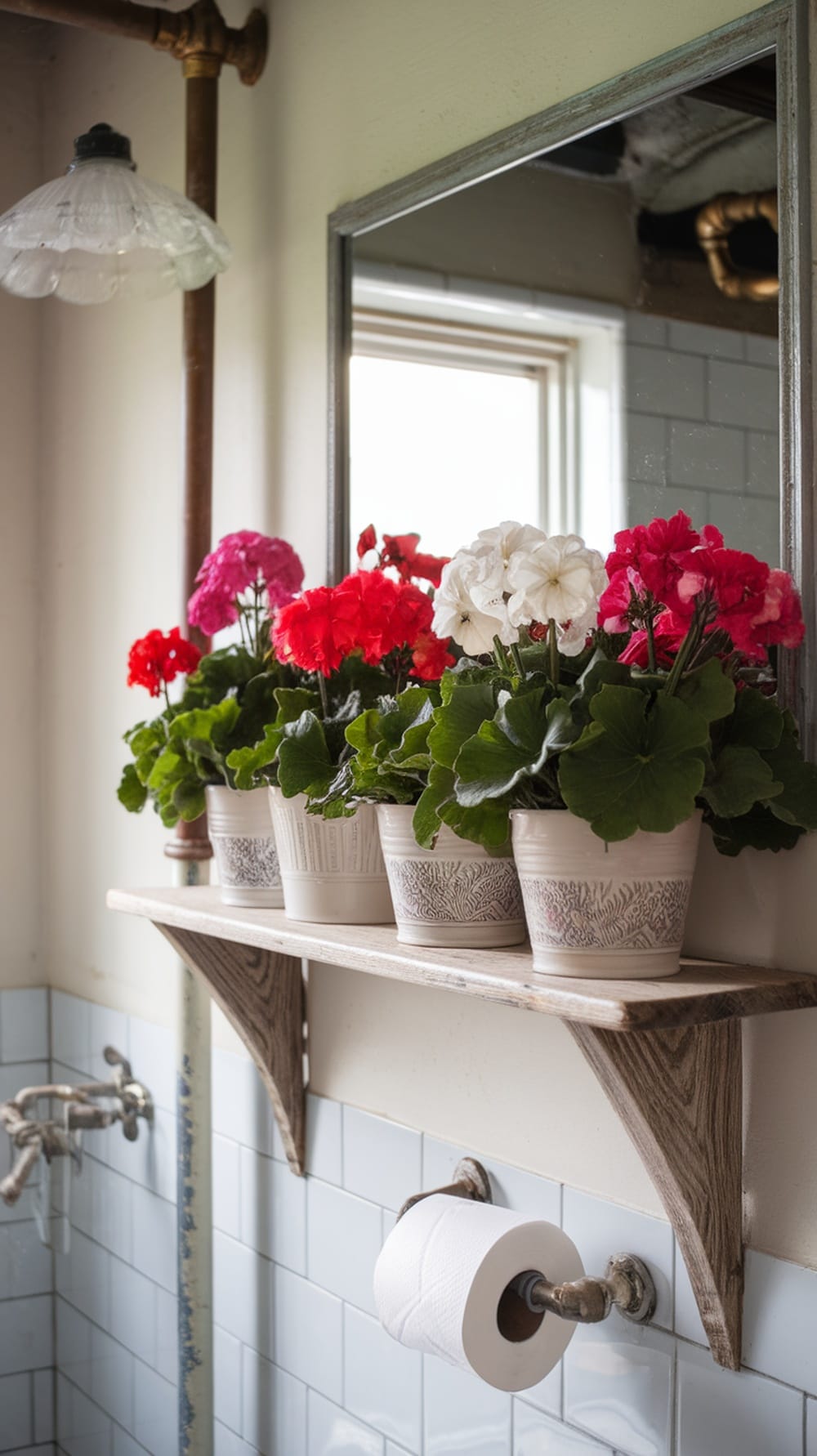 19 Stunning Plants Perfect for Your Bathroom Decor 18 A bathroom shelf displaying colorful geranium plants in decorative pots, enhancing the decor.