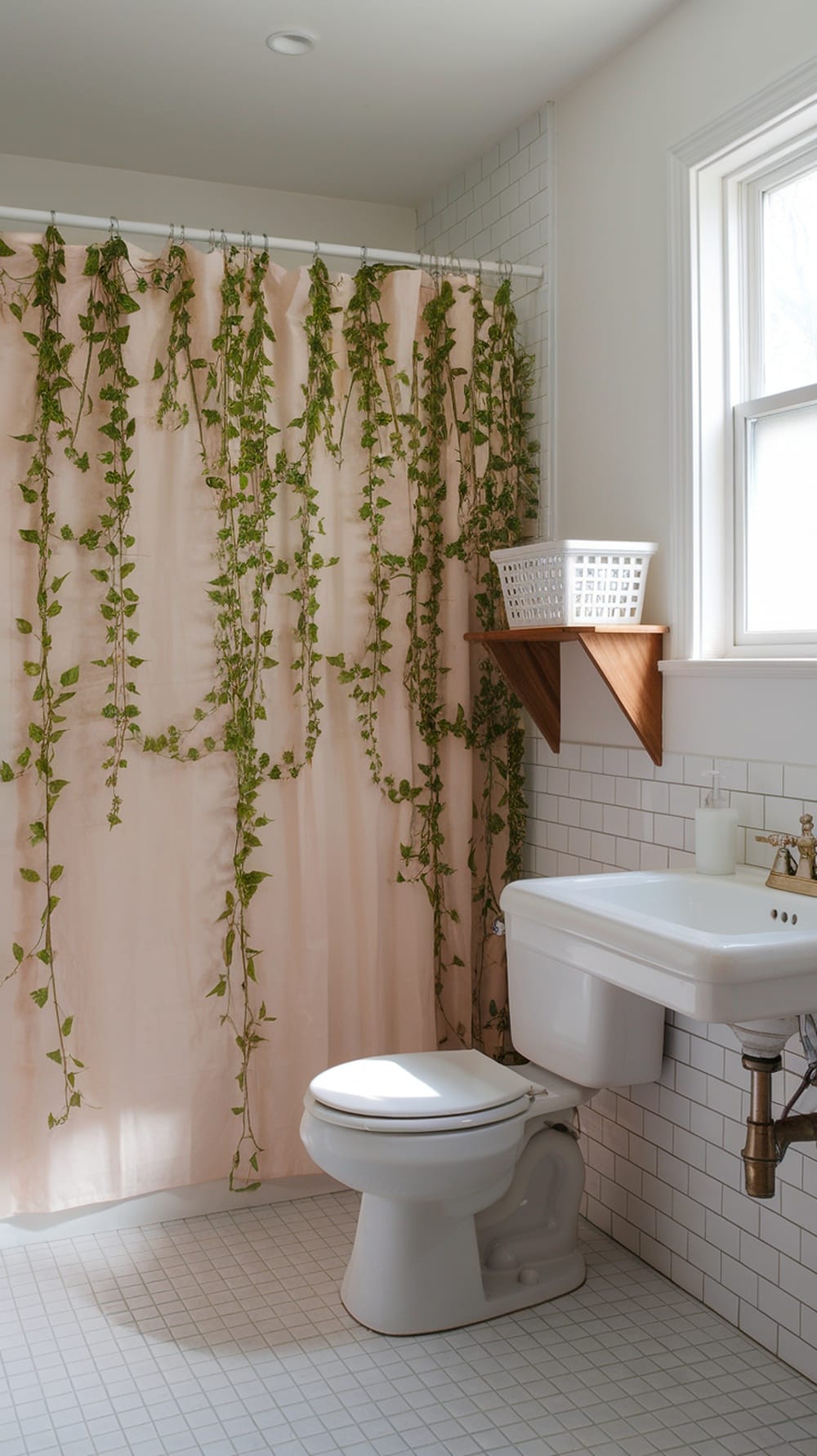 19 Stunning Plants Perfect for Your Bathroom Decor 16 A bathroom featuring a Golden Pothos plant draping over a pink shower curtain.