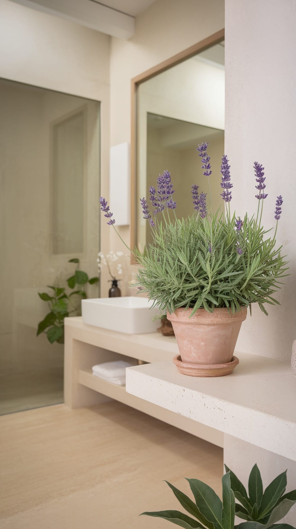 19 Stunning Plants Perfect for Your Bathroom Decor 10 A potted lavender plant in a modern bathroom setting.