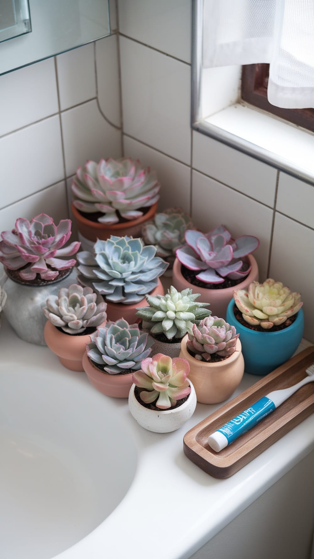 19 Stunning Plants Perfect for Your Bathroom Decor 12 A collection of colorful succulents in small pots on a bathroom counter.